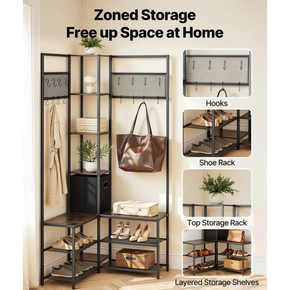 VEVOR Corner Hall Tree with Shoe Bench, 70.9 in Coat Rack with Hooks and Steel Frame, Freestanding Clothes Shoes Rack Storage Organizer with Anti-Tip Set, for Entrance, Closet, Office, Rustic Brown