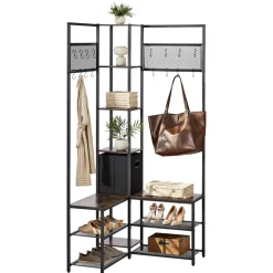 VEVOR Corner Hall Tree with Shoe Bench, 70.9 in Coat Rack with Hooks and Steel Frame, Freestanding Clothes Shoes Rack Storage Organizer with Anti-Tip Set, for Entrance, Closet, Office, Rustic Brown