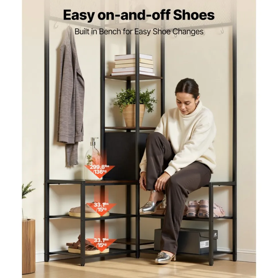 VEVOR Corner Hall Tree with Shoe Bench, 70.9 in Coat Rack with Hooks and Steel Frame, Freestanding Clothes Shoes Rack Storage Organizer with Anti-Tip Set, for Entrance, Closet, Office, Rustic Brown