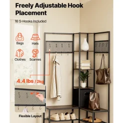 VEVOR Corner Hall Tree with Shoe Bench, 70.9 in Coat Rack with Hooks and Steel Frame, Freestanding Clothes Shoes Rack Storage Organizer with Anti-Tip Set, for Entrance, Closet, Office, Rustic Brown