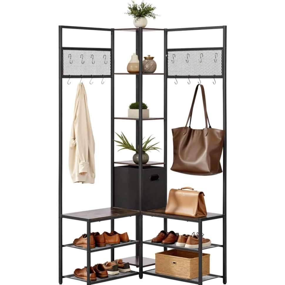 VEVOR Corner Hall Tree with Shoe Bench, 70.9 in Coat Rack with Hooks and Steel Frame, Freestanding Clothes Shoes Rack Storage Organizer with Anti-Tip Set, for Entrance, Closet, Office, Rustic Brown
