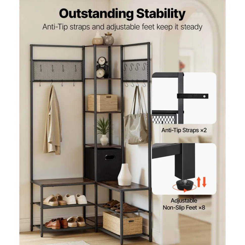 VEVOR Corner Hall Tree with Shoe Bench, 70.9 in Coat Rack with Hooks and Steel Frame, Freestanding Clothes Shoes Rack Storage Organizer with Anti-Tip Set, for Entrance, Closet, Office, Rustic Brown