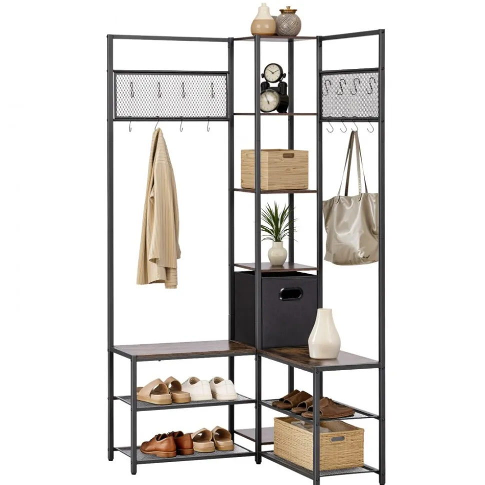 VEVOR Corner Hall Tree with Shoe Bench, 70.9 in Coat Rack with Hooks and Steel Frame, Freestanding Clothes Shoes Rack Storage Organizer with Anti-Tip Set, for Entrance, Closet, Office, Rustic Brown