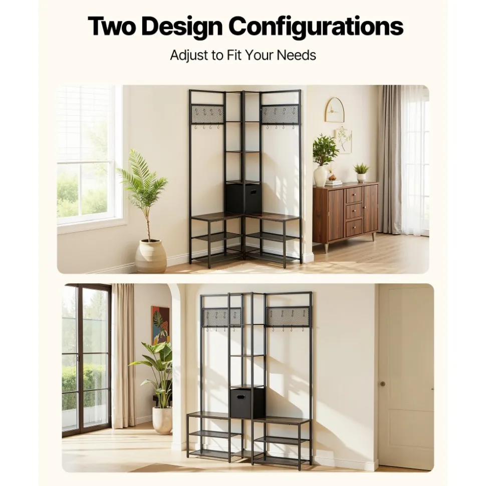 VEVOR Corner Hall Tree with Shoe Bench, 70.9 in Coat Rack with Hooks and Steel Frame, Freestanding Clothes Shoes Rack Storage Organizer with Anti-Tip Set, for Entrance, Closet, Office, Rustic Brown