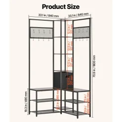 VEVOR Corner Hall Tree with Shoe Bench, 70.9 in Coat Rack with Hooks and Steel Frame, Freestanding Clothes Shoes Rack Storage Organizer with Anti-Tip Set, for Entrance, Closet, Office, Rustic Brown
