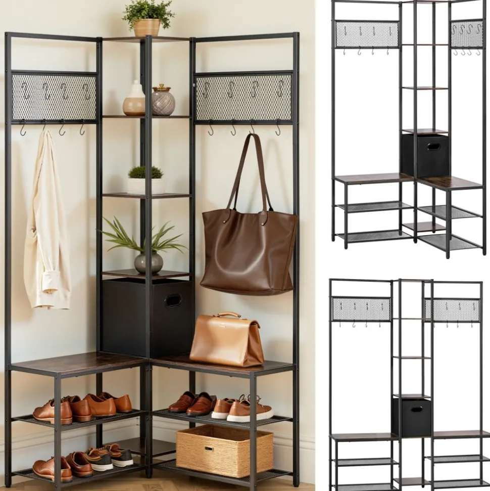 VEVOR Corner Hall Tree with Shoe Bench, 70.9 in Coat Rack with Hooks and Steel Frame, Freestanding Clothes Shoes Rack Storage Organizer with Anti-Tip Set, for Entrance, Closet, Office, Rustic Brown