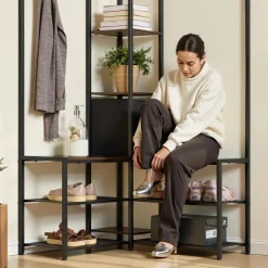 VEVOR Corner Hall Tree with Shoe Bench, 70.9 in Coat Rack with Hooks and Steel Frame, Freestanding Clothes Shoes Rack Storage Organizer with Anti-Tip Set, for Entrance, Closet, Office, Rustic Brown