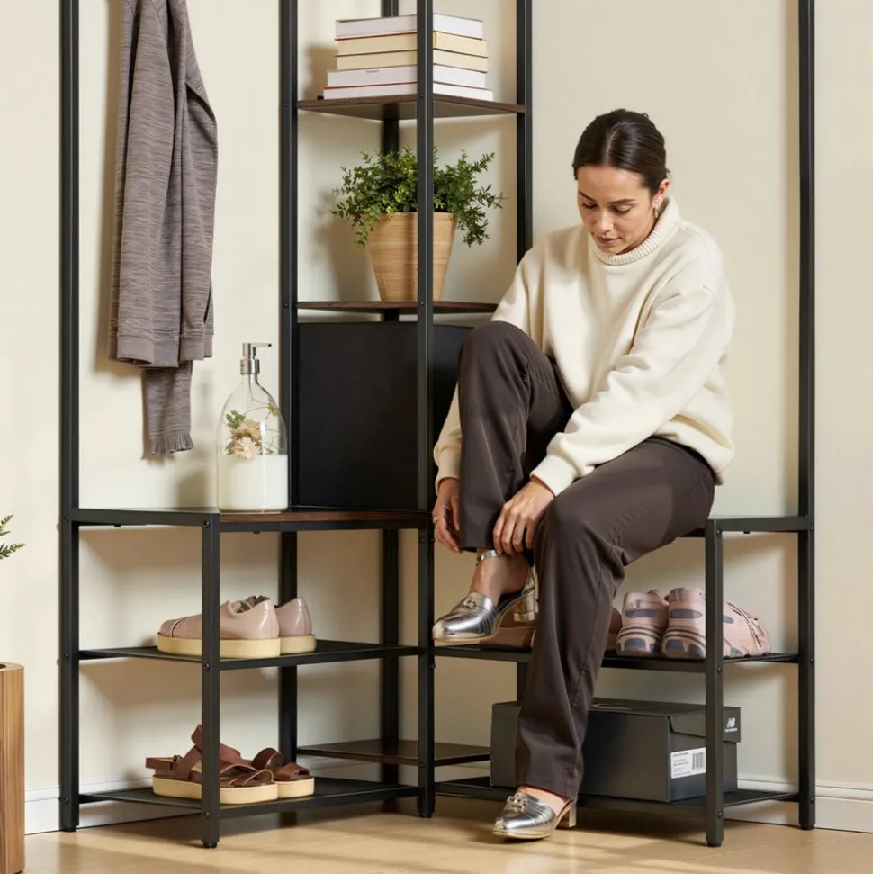 VEVOR Corner Hall Tree with Shoe Bench, 70.9 in Coat Rack with Hooks and Steel Frame, Freestanding Clothes Shoes Rack Storage Organizer with Anti-Tip Set, for Entrance, Closet, Office, Rustic Brown