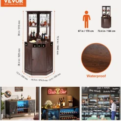 VEVOR Corner Industrial Bar Cabinet, Wine Table for Liquor & Glasses, Sideboard Buffet Cabinet with Glass Holder, Freestanding Farmhouse Wood Coffee Bar Cabinet for Living Room, Home Bar, Black Walnut