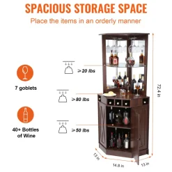 VEVOR Corner Industrial Bar Cabinet, Wine Table for Liquor & Glasses, Sideboard Buffet Cabinet with Glass Holder, Freestanding Farmhouse Wood Coffee Bar Cabinet for Living Room, Home Bar, Black Walnut