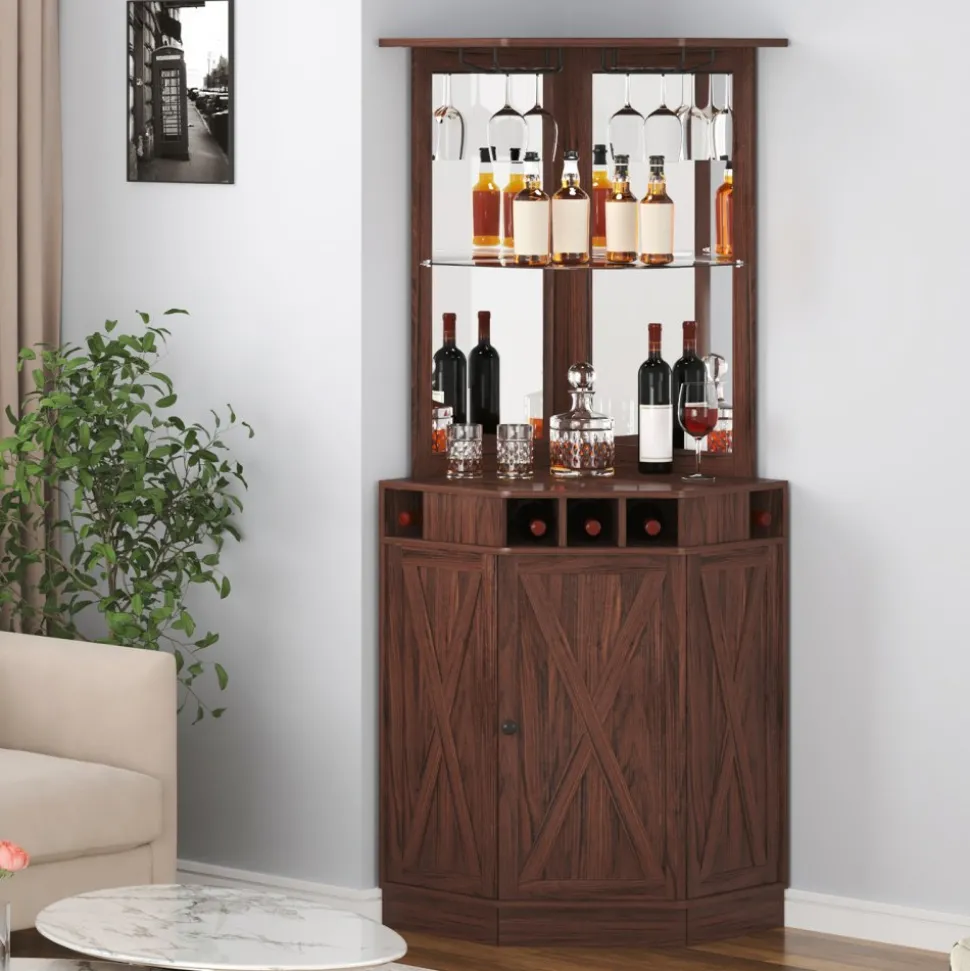 VEVOR Corner Industrial Bar Cabinet, Wine Table for Liquor & Glasses, Sideboard Buffet Cabinet with Glass Holder, Freestanding Farmhouse Wood Coffee Bar Cabinet for Living Room, Home Bar, Black Walnut