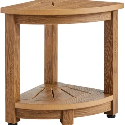 VEVOR Corner Shower Bench, 16.5" Height 12.8" Radius, Faux Wood Grain Polystyrene, 350 LBS with Storage Shelf, Water Resistant, Shower Stool for Inside & Outside Shower, for Bathroom, Living Room
