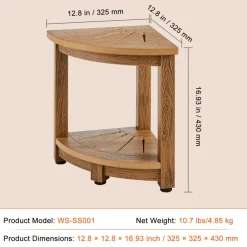 VEVOR Corner Shower Bench, 16.5" Height 12.8" Radius, Faux Wood Grain Polystyrene, 350 LBS with Storage Shelf, Water Resistant, Shower Stool for Inside & Outside Shower, for Bathroom, Living Room
