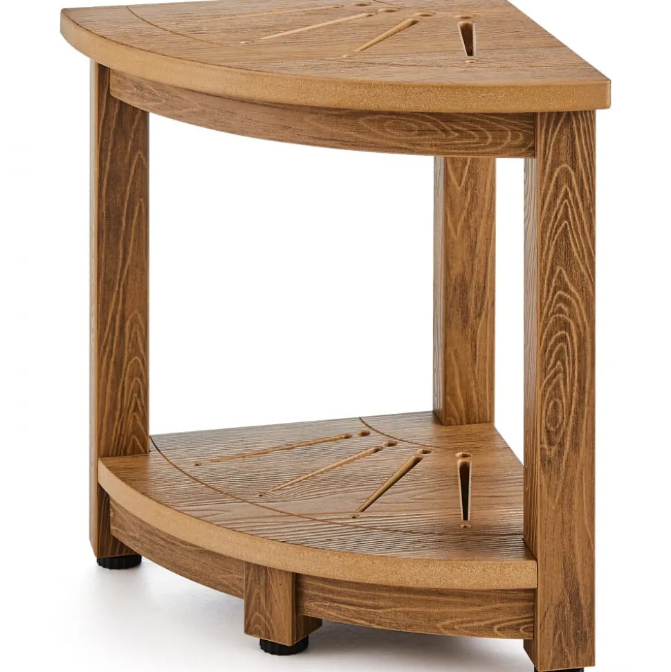 VEVOR Corner Shower Bench, 16.5" Height 12.8" Radius, Faux Wood Grain Polystyrene, 350 LBS with Storage Shelf, Water Resistant, Shower Stool for Inside & Outside Shower, for Bathroom, Living Room