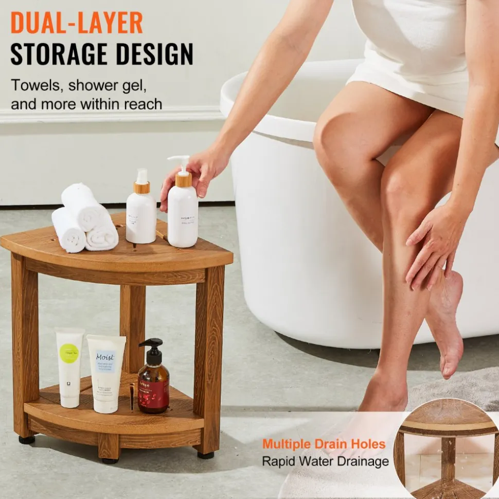 VEVOR Corner Shower Bench, 16.5" Height 12.8" Radius, Faux Wood Grain Polystyrene, 350 LBS with Storage Shelf, Water Resistant, Shower Stool for Inside & Outside Shower, for Bathroom, Living Room