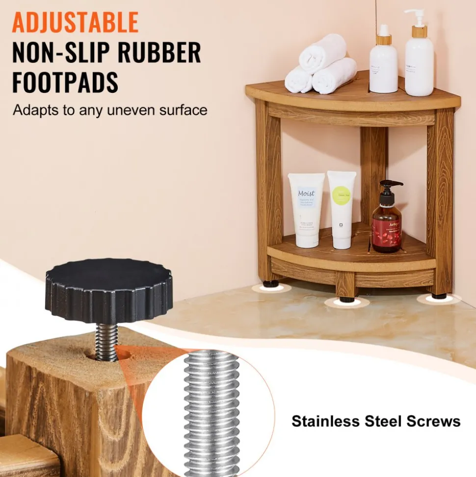 VEVOR Corner Shower Bench, 16.5" Height 12.8" Radius, Faux Wood Grain Polystyrene, 350 LBS with Storage Shelf, Water Resistant, Shower Stool for Inside & Outside Shower, for Bathroom, Living Room
