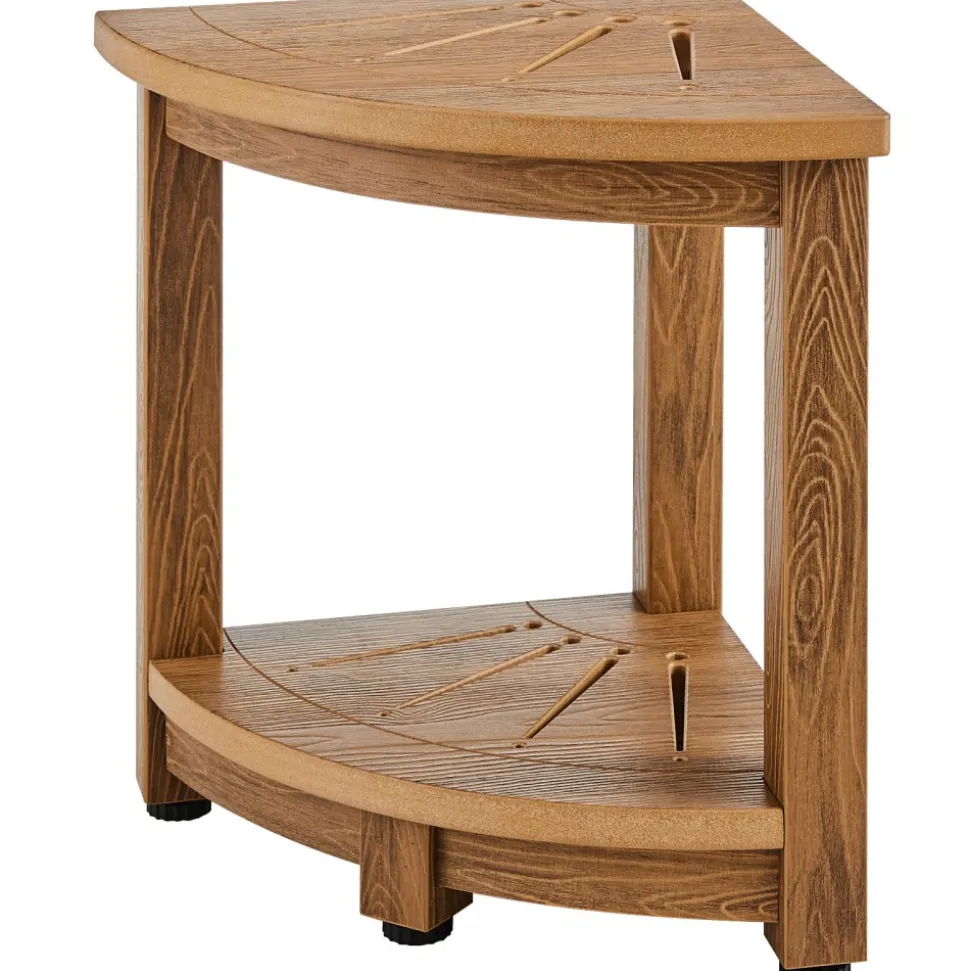 VEVOR Corner Shower Bench, 16.5" Height 12.8" Radius, Faux Wood Grain Polystyrene, 350 LBS with Storage Shelf, Water Resistant, Shower Stool for Inside & Outside Shower, for Bathroom, Living Room