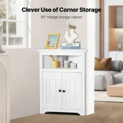 VEVOR 32" Corner Storage Cabinet, 3 Tiers Small Storage Cabinet with 2 Wooden Doors & Adjustable Shelves, Freestanding Corner Kitchen Cabinet for Living Room, Kitchen, Laundry Room, Bathroom, White
