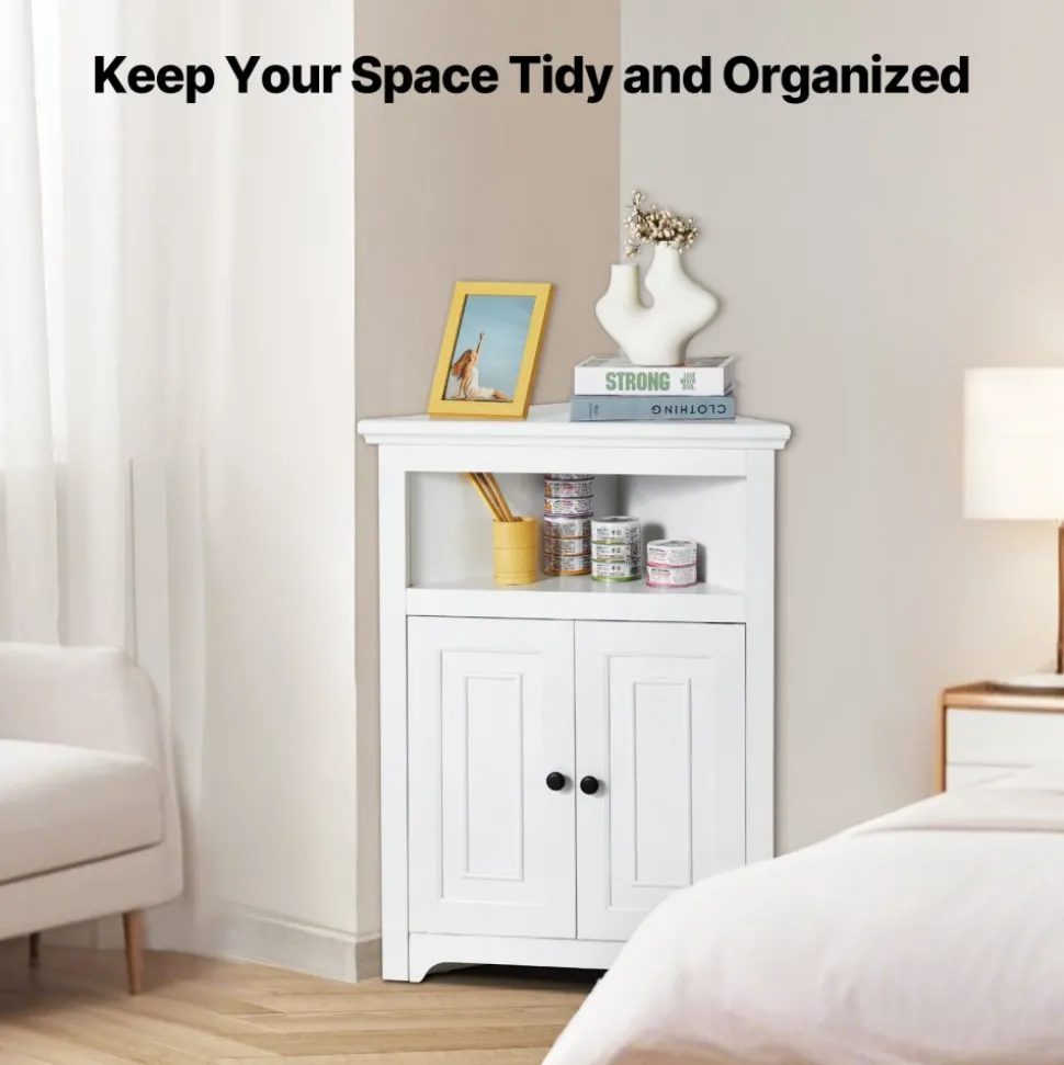VEVOR 32" Corner Storage Cabinet, 3 Tiers Small Storage Cabinet with 2 Wooden Doors & Adjustable Shelves, Freestanding Corner Kitchen Cabinet for Living Room, Kitchen, Laundry Room, Bathroom, White