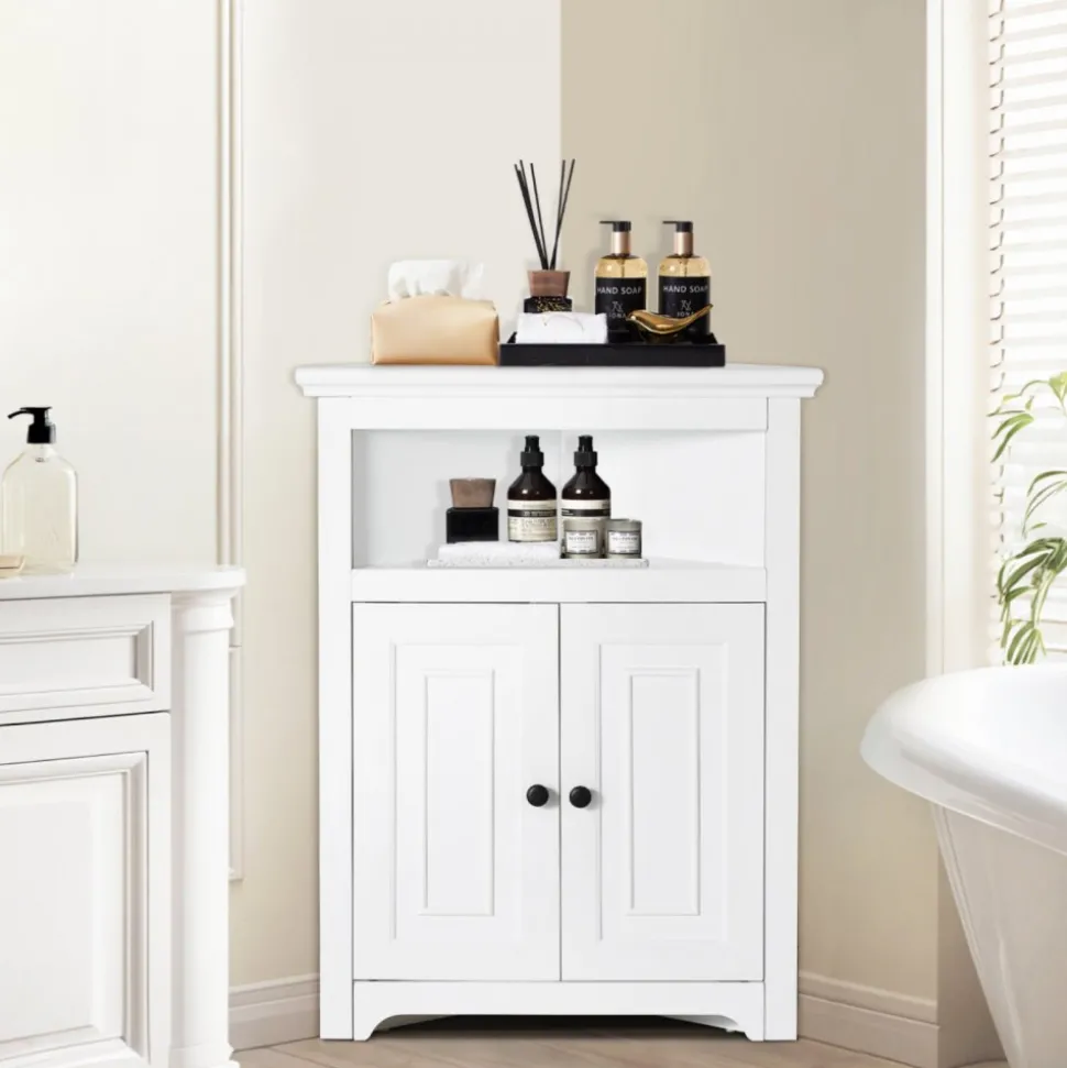 VEVOR 32" Corner Storage Cabinet, 3 Tiers Small Storage Cabinet with 2 Wooden Doors & Adjustable Shelves, Freestanding Corner Kitchen Cabinet for Living Room, Kitchen, Laundry Room, Bathroom, White