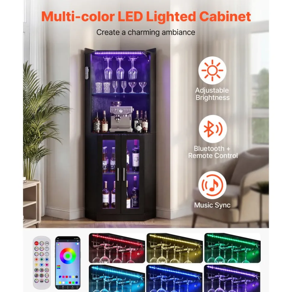 VEVOR Corner Wine Cabinet, Bar Cabinet with Ample Storage, Modern Buffet Sideboard with Glass Holder, Adjustable LED Brightness, Anti-Tip Strap, for Home Kitchen, Living Room, Dining Room, Black Wood