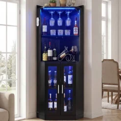 VEVOR Corner Wine Cabinet, Bar Cabinet with Ample Storage, Modern Buffet Sideboard with Glass Holder, Adjustable LED Brightness, Anti-Tip Strap, for Home Kitchen, Living Room, Dining Room, Black Wood