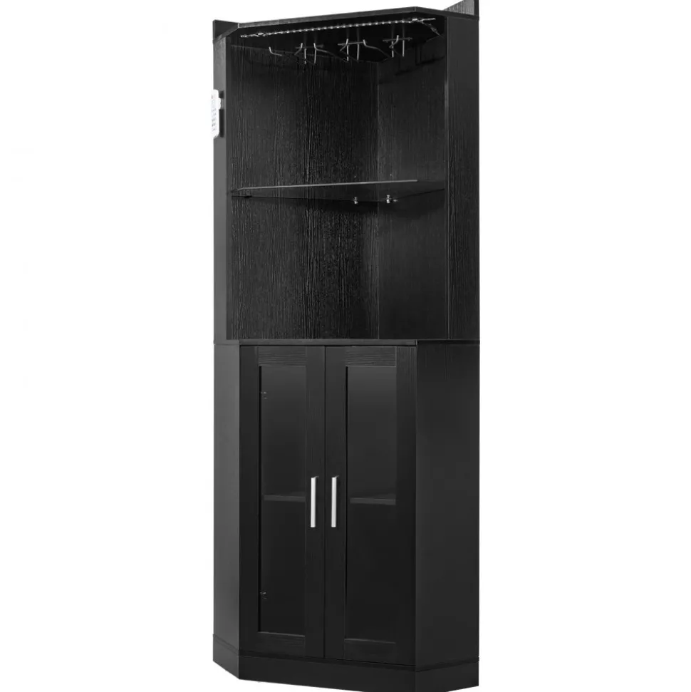VEVOR Corner Wine Cabinet, Bar Cabinet with Ample Storage, Modern Buffet Sideboard with Glass Holder, Adjustable LED Brightness, Anti-Tip Strap, for Home Kitchen, Living Room, Dining Room, Black Wood