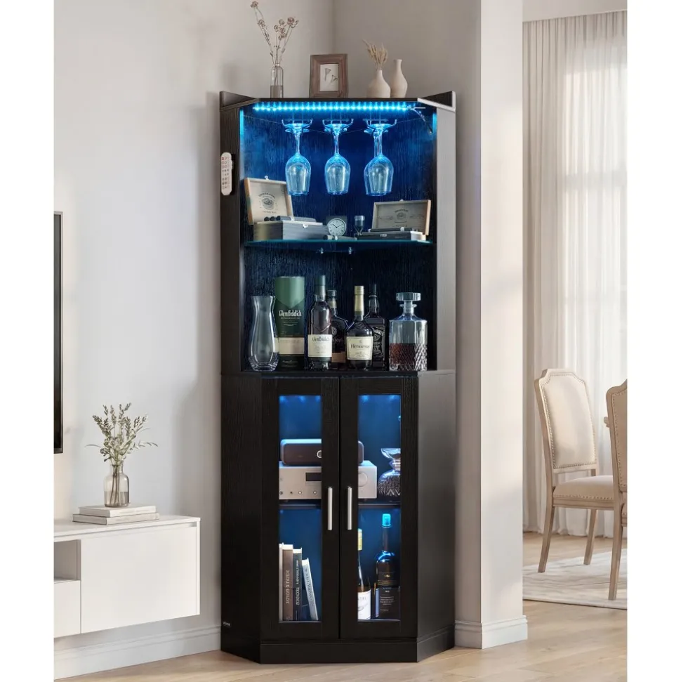 VEVOR Corner Wine Cabinet, Bar Cabinet with Ample Storage, Modern Buffet Sideboard with Glass Holder, Adjustable LED Brightness, Anti-Tip Strap, for Home Kitchen, Living Room, Dining Room, Black Wood