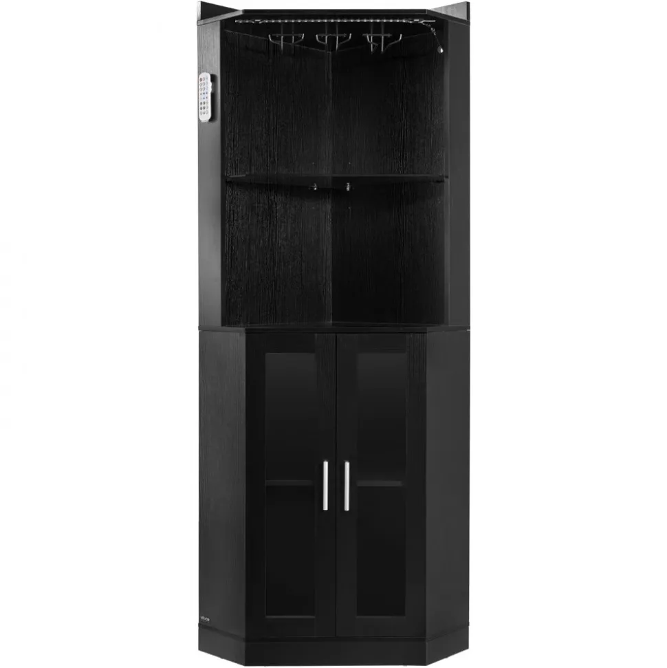 VEVOR Corner Wine Cabinet, Bar Cabinet with Ample Storage, Modern Buffet Sideboard with Glass Holder, Adjustable LED Brightness, Anti-Tip Strap, for Home Kitchen, Living Room, Dining Room, Black Wood
