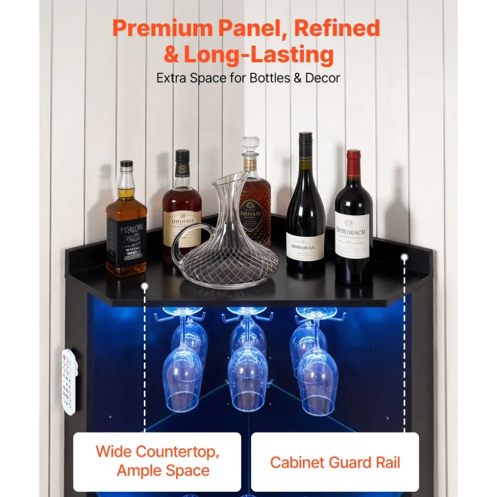 VEVOR Corner Wine Cabinet, Bar Cabinet with Ample Storage, Modern Buffet Sideboard with Glass Holder, Adjustable LED Brightness, Anti-Tip Strap, for Home Kitchen, Living Room, Dining Room, Black Wood