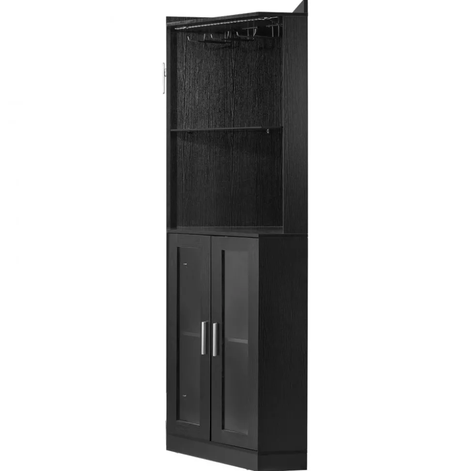VEVOR Corner Wine Cabinet, Bar Cabinet with Ample Storage, Modern Buffet Sideboard with Glass Holder, Adjustable LED Brightness, Anti-Tip Strap, for Home Kitchen, Living Room, Dining Room, Black Wood