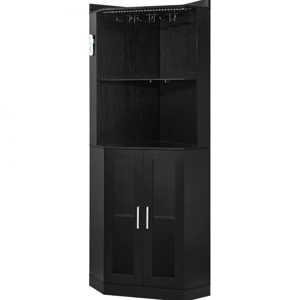 VEVOR Corner Wine Cabinet, Bar Cabinet with Ample Storage, Modern Buffet Sideboard with Glass Holder, Adjustable LED Brightness, Anti-Tip Strap, for Home Kitchen, Living Room, Dining Room, Black Wood
