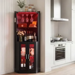 VEVOR Corner Wine Cabinet, Bar Cabinet with Ample Storage, Modern Buffet Sideboard with Glass Holder, Adjustable LED Brightness, Anti-Tip Strap, for Home Kitchen, Living Room, Dining Room, Black Wood