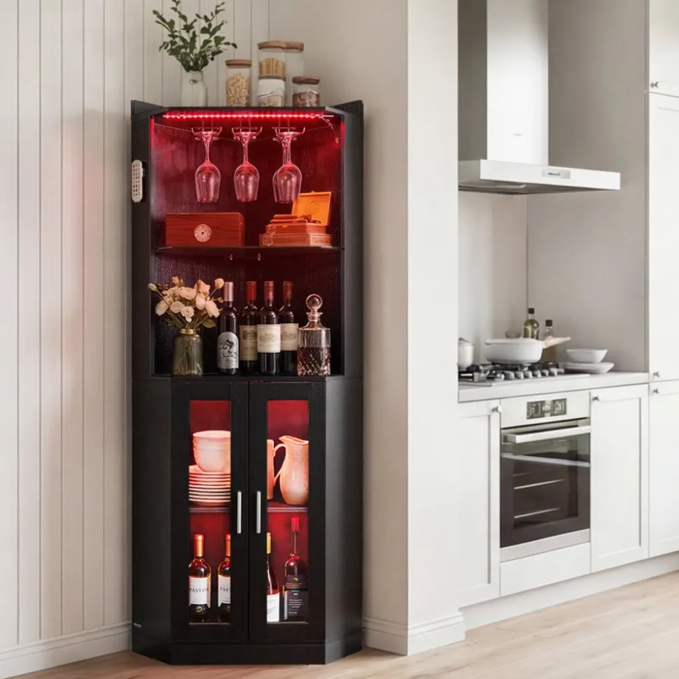 VEVOR Corner Wine Cabinet, Bar Cabinet with Ample Storage, Modern Buffet Sideboard with Glass Holder, Adjustable LED Brightness, Anti-Tip Strap, for Home Kitchen, Living Room, Dining Room, Black Wood