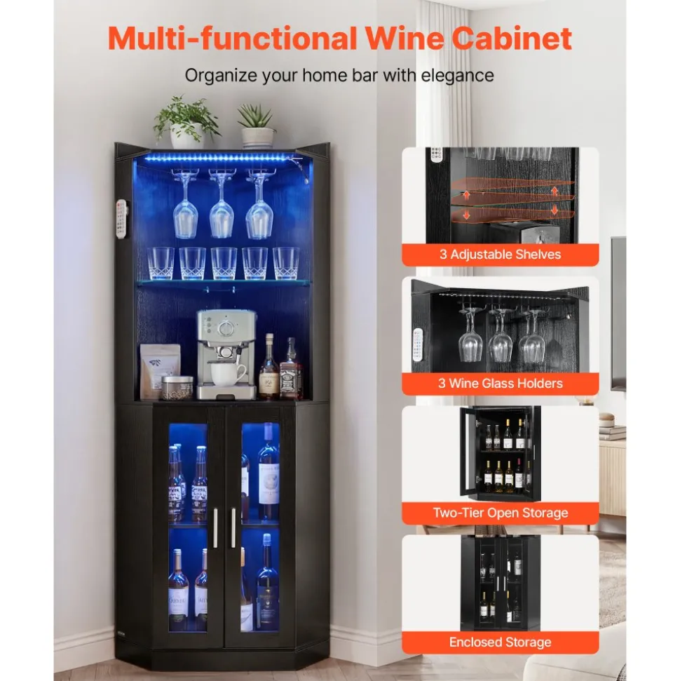VEVOR Corner Wine Cabinet, Bar Cabinet with Ample Storage, Modern Buffet Sideboard with Glass Holder, Adjustable LED Brightness, Anti-Tip Strap, for Home Kitchen, Living Room, Dining Room, Black Wood