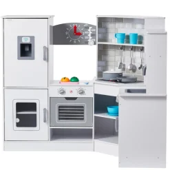VEVOR Corner Wooden Play Kitchen, Toy Set with Lights and Sounds, Toddler Kitchen with Ice Maker, Oven, Sink, Clock, Microwaves, Refrigerator and Accessories, for Toddlers, Preschoolers, White