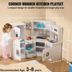 VEVOR Corner Wooden Play Kitchen, Toy Set with Lights and Sounds, Toddler Kitchen with Ice Maker, Oven, Sink, Clock, Microwaves, Refrigerator and Accessories, for Toddlers, Preschoolers, White