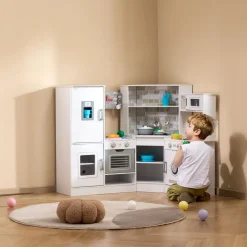 VEVOR Corner Wooden Play Kitchen, Toy Set with Lights and Sounds, Toddler Kitchen with Ice Maker, Oven, Sink, Clock, Microwaves, Refrigerator and Accessories, for Toddlers, Preschoolers, White