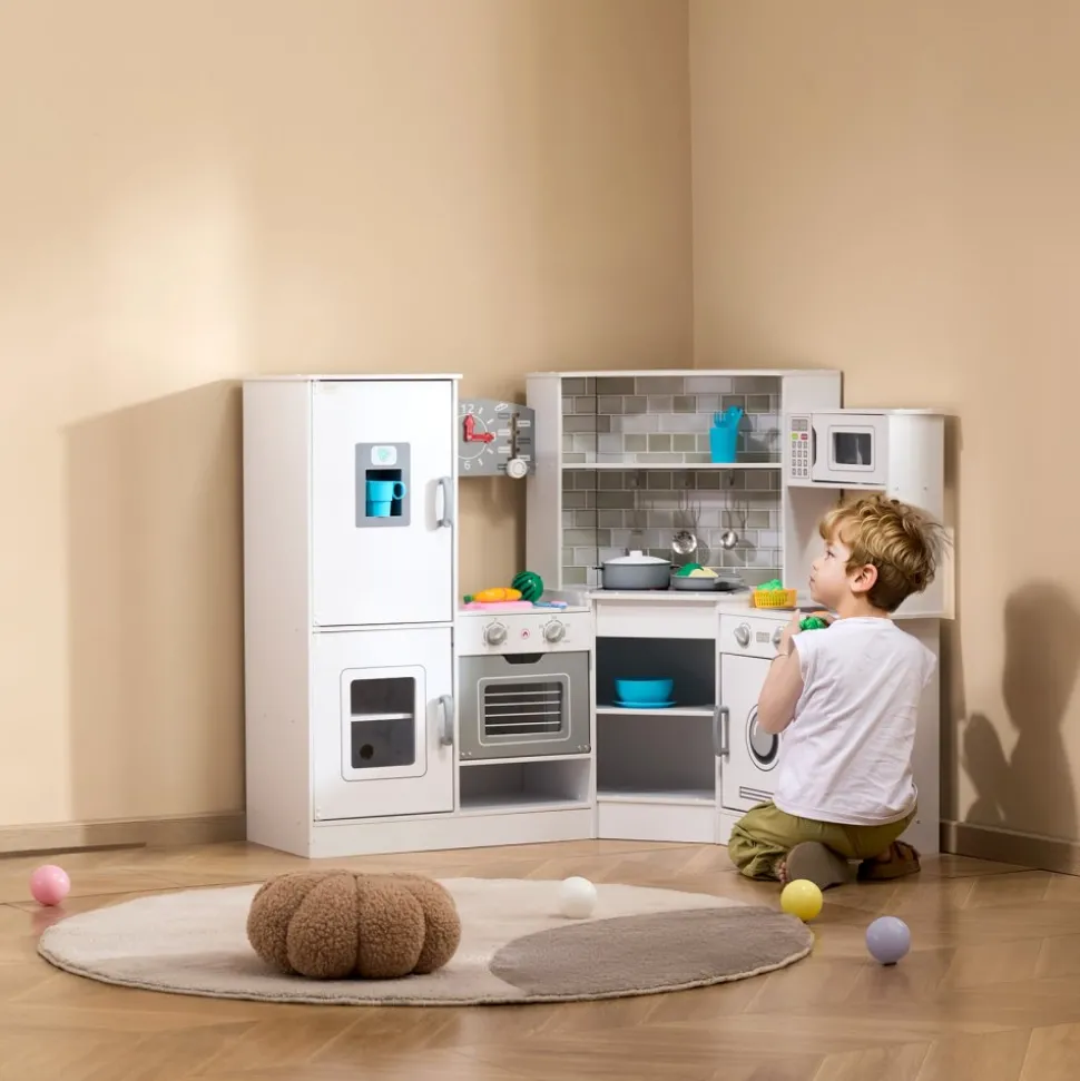 VEVOR Corner Wooden Play Kitchen, Toy Set with Lights and Sounds, Toddler Kitchen with Ice Maker, Oven, Sink, Clock, Microwaves, Refrigerator and Accessories, for Toddlers, Preschoolers, White