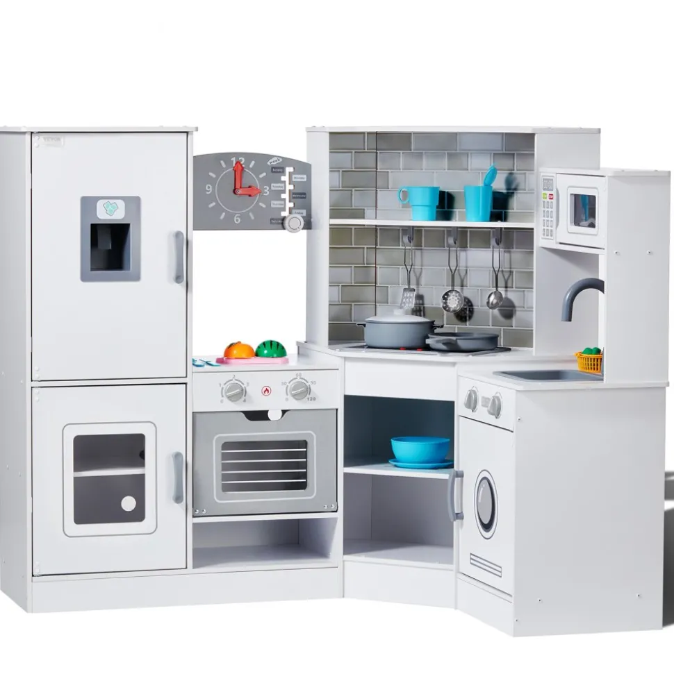 VEVOR Corner Wooden Play Kitchen, Toy Set with Lights and Sounds, Toddler Kitchen with Ice Maker, Oven, Sink, Clock, Microwaves, Refrigerator and Accessories, for Toddlers, Preschoolers, White