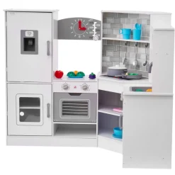 VEVOR Corner Wooden Play Kitchen, Toy Set with Lights and Sounds, Toddler Kitchen with Ice Maker, Oven, Sink, Clock, Microwaves, Refrigerator and Accessories, for Toddlers, Preschoolers, White