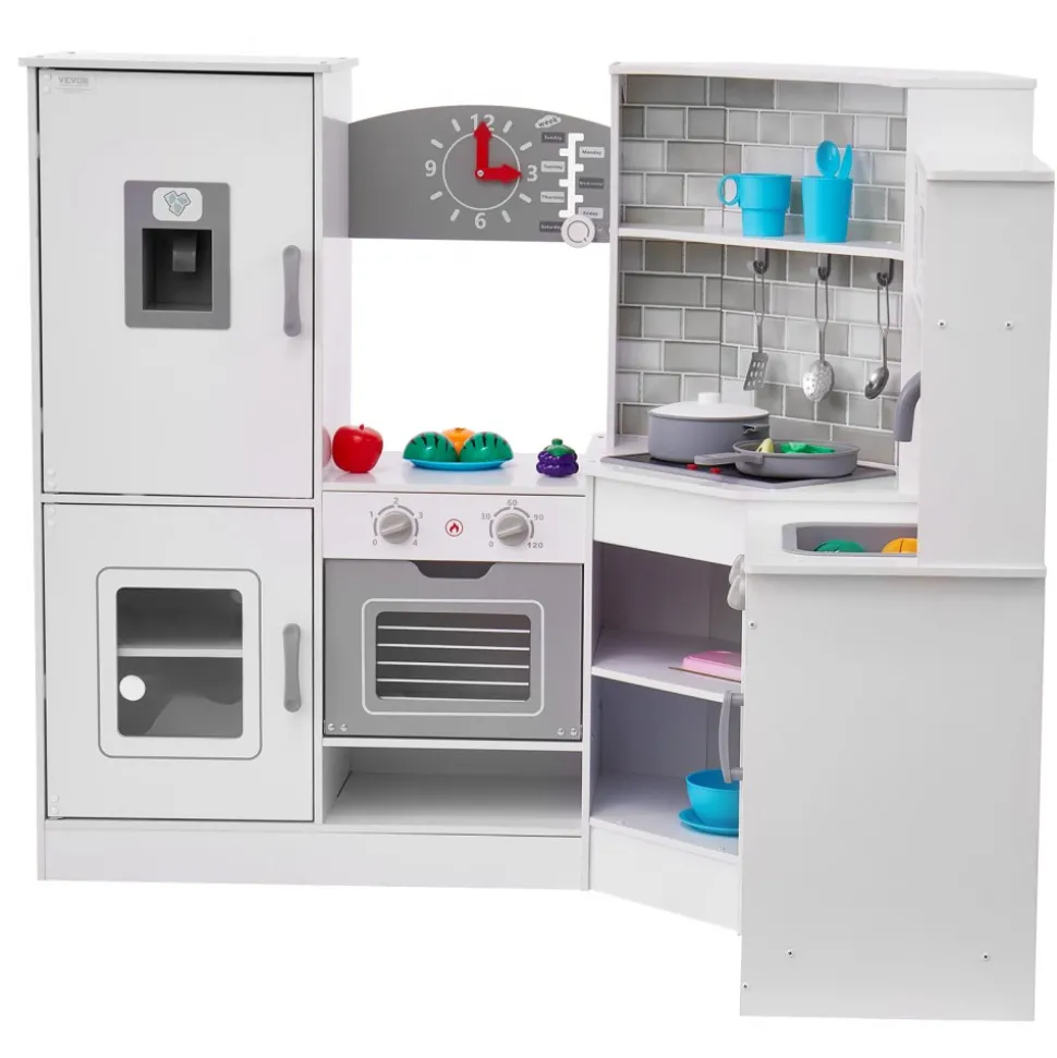 VEVOR Corner Wooden Play Kitchen, Toy Set with Lights and Sounds, Toddler Kitchen with Ice Maker, Oven, Sink, Clock, Microwaves, Refrigerator and Accessories, for Toddlers, Preschoolers, White