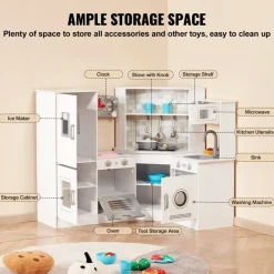 VEVOR Corner Wooden Play Kitchen, Toy Set with Lights and Sounds, Toddler Kitchen with Ice Maker, Oven, Sink, Clock, Microwaves, Refrigerator and Accessories, for Toddlers, Preschoolers, White