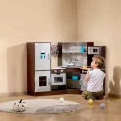 VEVOR Corner Wooden Play Kitchen, Toy Set with Lights and Sounds, Toddler Kitchen with Ice Maker, Oven, Sink, Clock, Microwaves, Refrigerator and Accessories, for Toddlers, Preschoolers, Brown