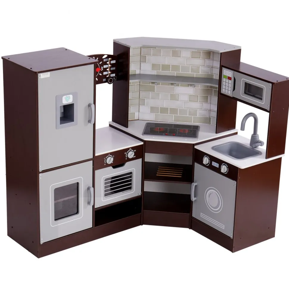 VEVOR Corner Wooden Play Kitchen, Toy Set with Lights and Sounds, Toddler Kitchen with Ice Maker, Oven, Sink, Clock, Microwaves, Refrigerator and Accessories, for Toddlers, Preschoolers, Brown