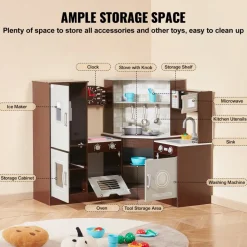VEVOR Corner Wooden Play Kitchen, Toy Set with Lights and Sounds, Toddler Kitchen with Ice Maker, Oven, Sink, Clock, Microwaves, Refrigerator and Accessories, for Toddlers, Preschoolers, Brown