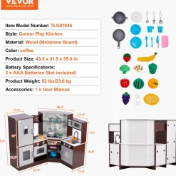 VEVOR Corner Wooden Play Kitchen, Toy Set with Lights and Sounds, Toddler Kitchen with Ice Maker, Oven, Sink, Clock, Microwaves, Refrigerator and Accessories, for Toddlers, Preschoolers, Brown
