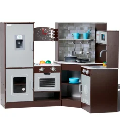 VEVOR Corner Wooden Play Kitchen, Toy Set with Lights and Sounds, Toddler Kitchen with Ice Maker, Oven, Sink, Clock, Microwaves, Refrigerator and Accessories, for Toddlers, Preschoolers, Brown