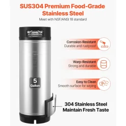 VEVOR Corny Keg, 5 Gallon Ball Lock Keg, SUS304 Cold Brew Kegs with Dual Rubber Handles & Heavy-Duty Rubber Bottom, Brewing Equipment for Home Brewing Party, 2 PCS