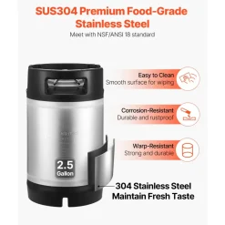 VEVOR Corny Keg, 2.5 Gallon Ball Lock Keg, SUS304 Cold Brew Kegs with Dual Rubber Handles & Heavy-Duty Rubber Bottom, Brewing Equipment for Home Brewing Party, 2 PCS